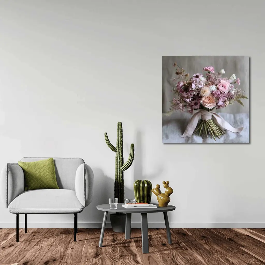 Pink Rose Ranunculus Wildflower Bouquet Ribbon – Wall Art
