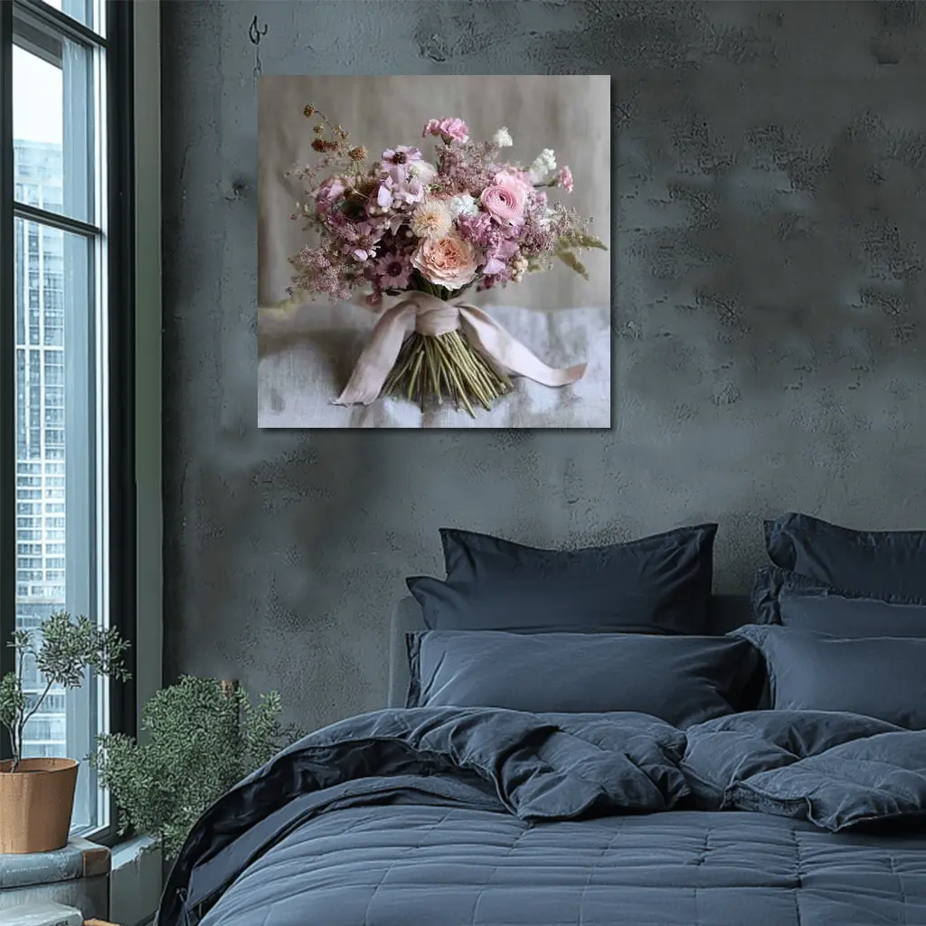 Pink Rose Ranunculus Wildflower Bouquet Ribbon – Wall Art