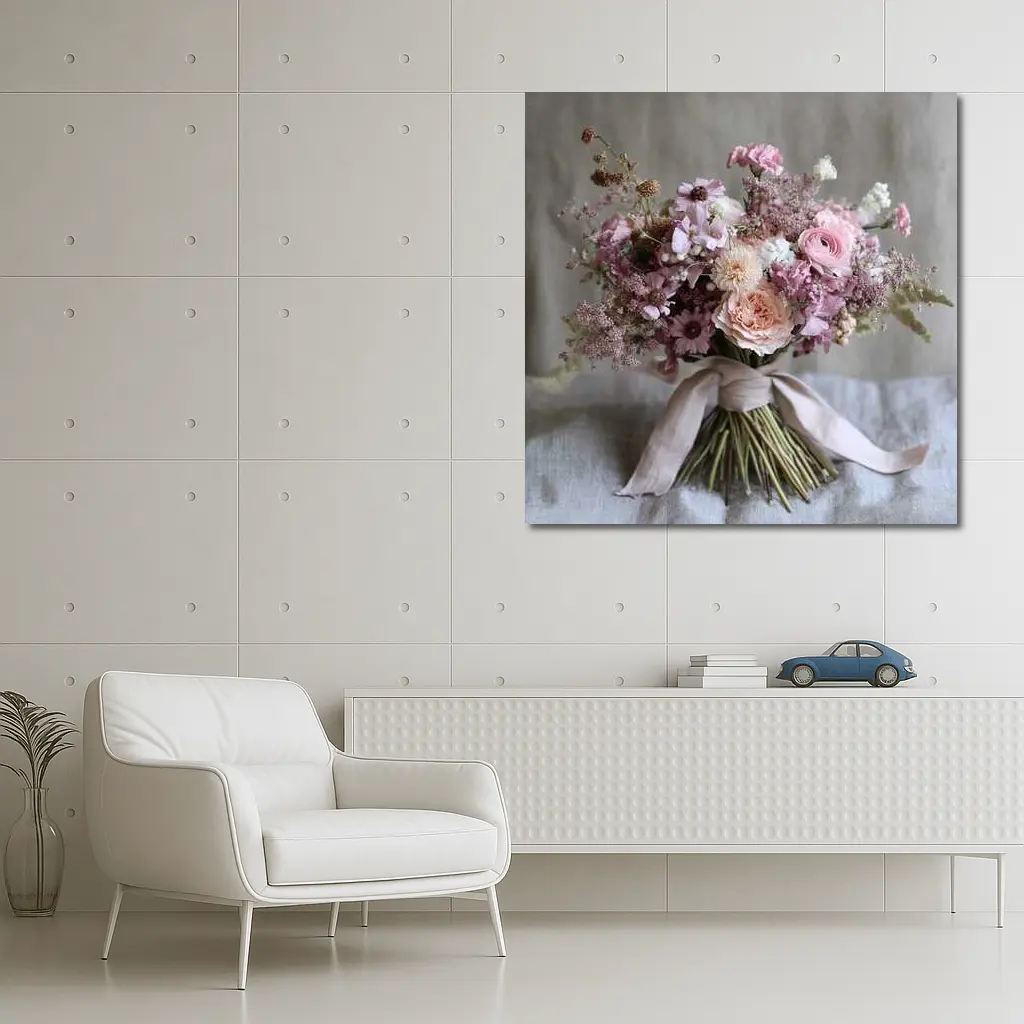 Pink Rose Ranunculus Wildflower Bouquet Ribbon – Wall Art