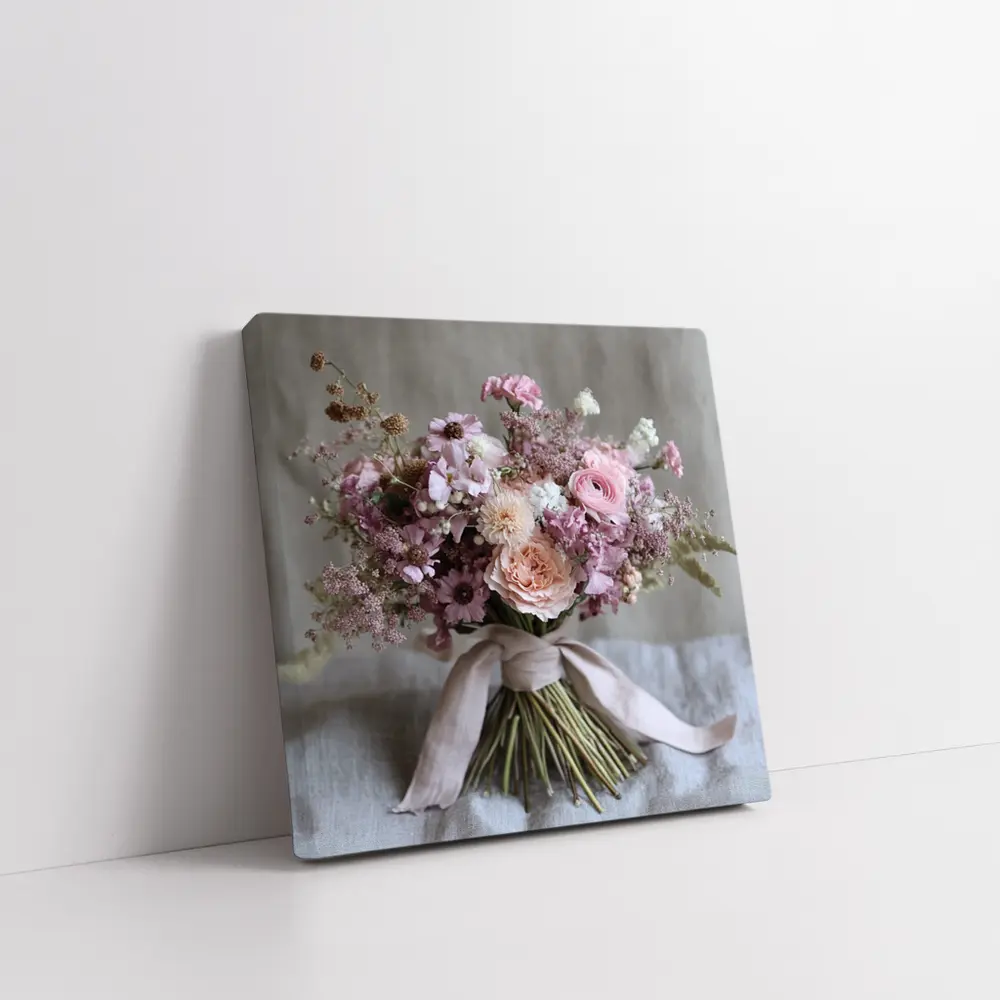 Pink Rose Ranunculus Wildflower Bouquet Ribbon – Wall Art