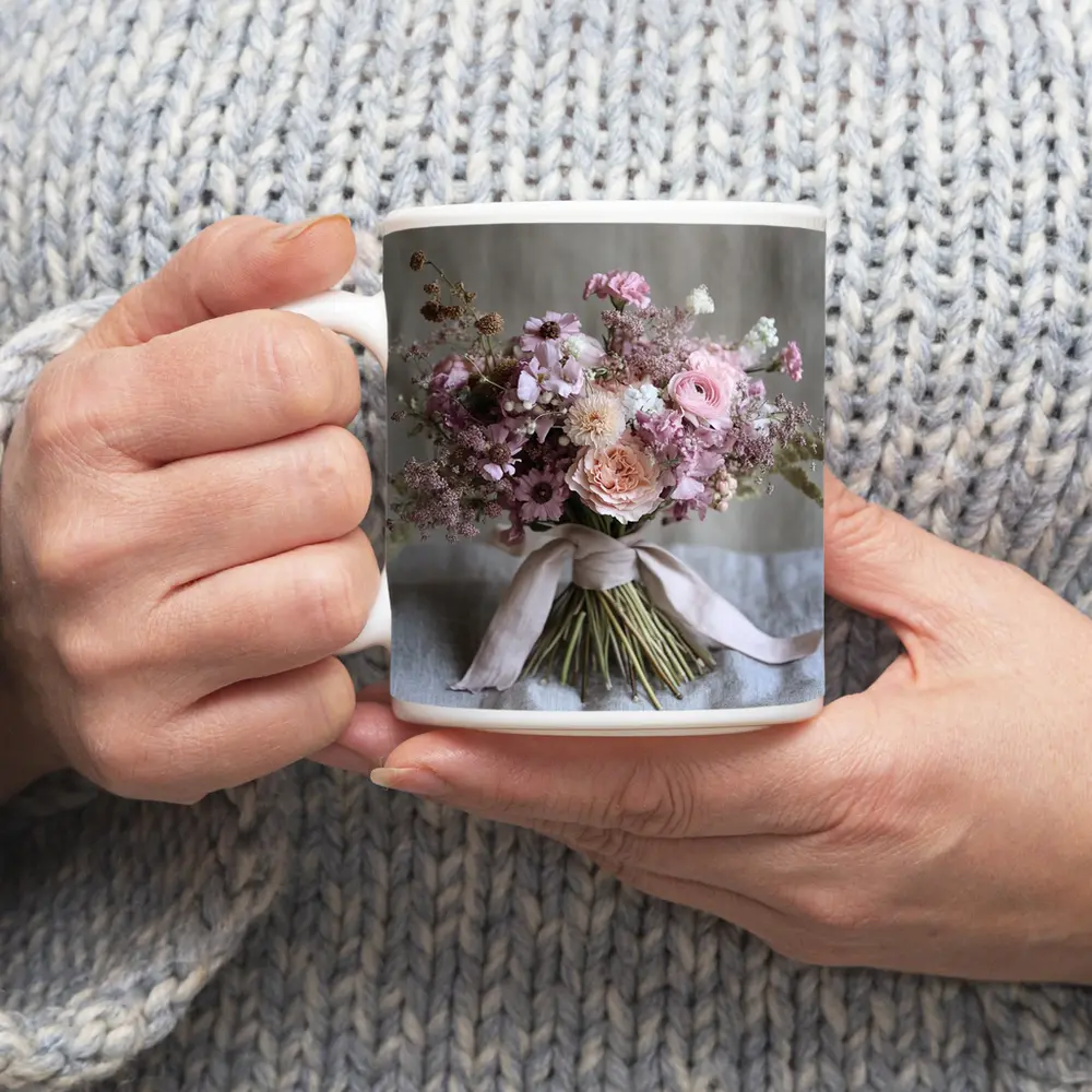 Pink Rose Ranunculus Wildflower Bouquet Ribbon – Mugs