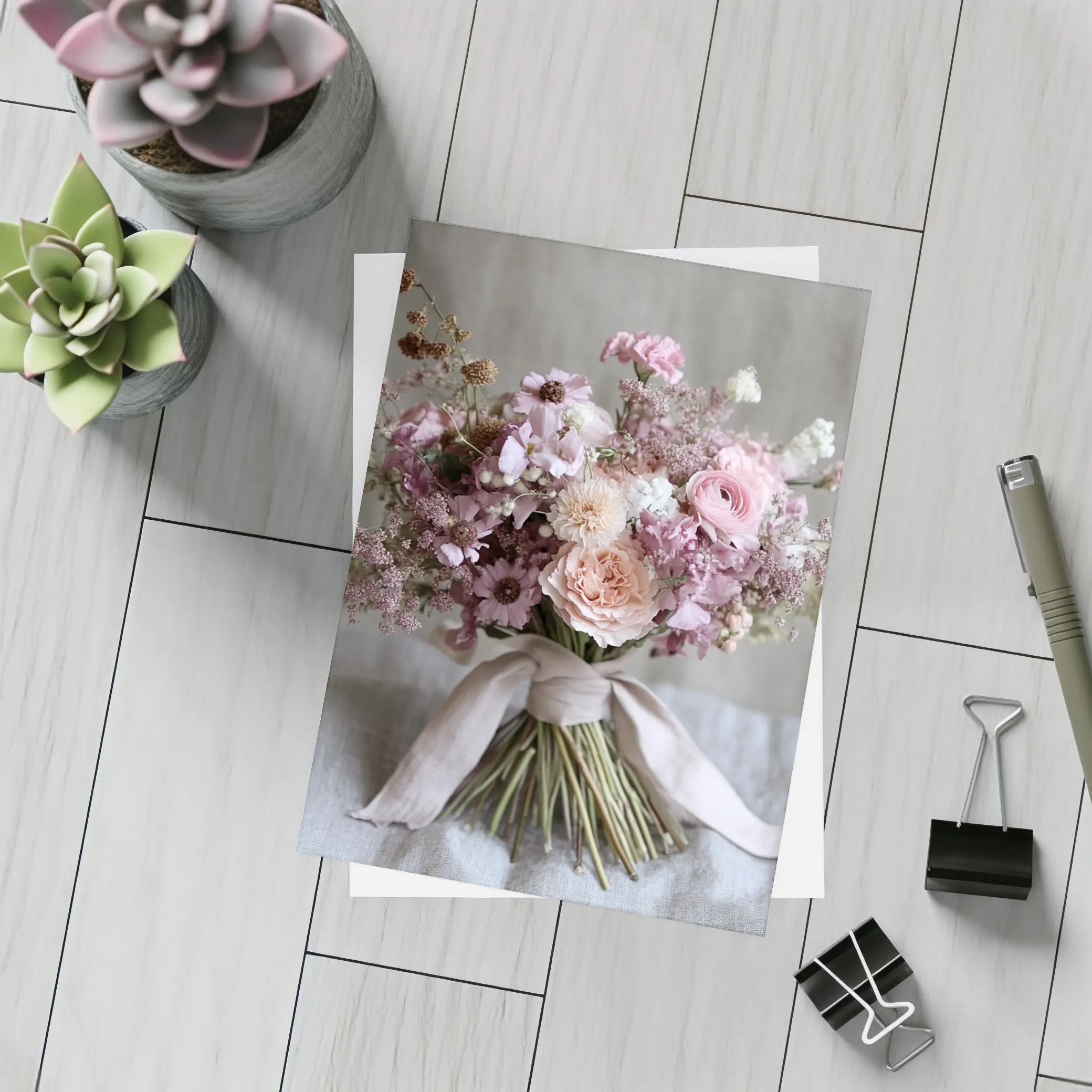 Pink Rose Ranunculus Wildflower Bouquet Ribbon – Postcards
