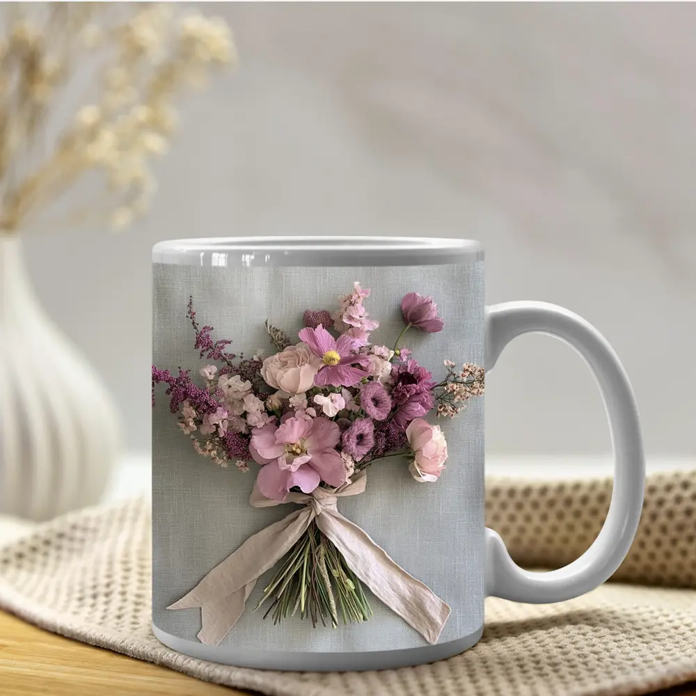 Pink Cosmos Rose Bouquet Ribbon Tied – Mugs