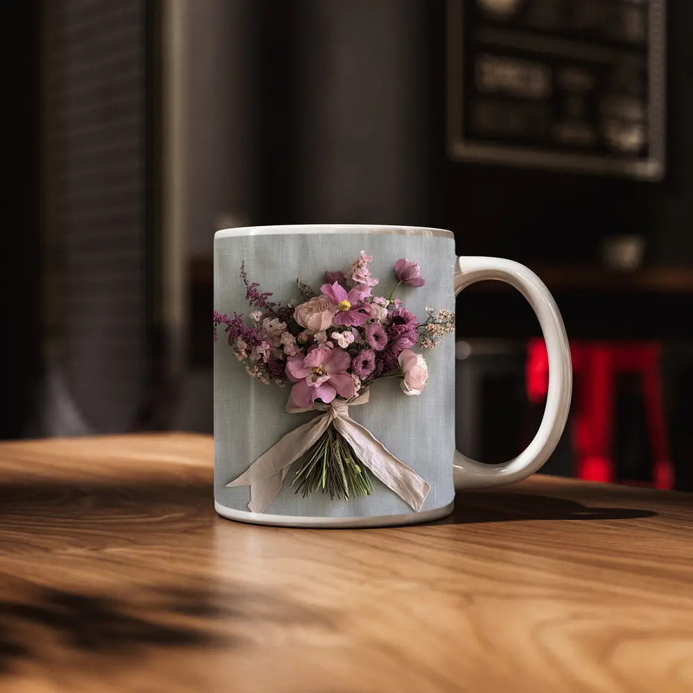Pink Cosmos Rose Bouquet Ribbon Tied – Mugs
