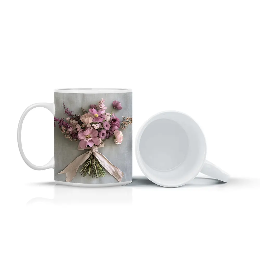 Pink Cosmos Rose Bouquet Ribbon Tied – Mugs