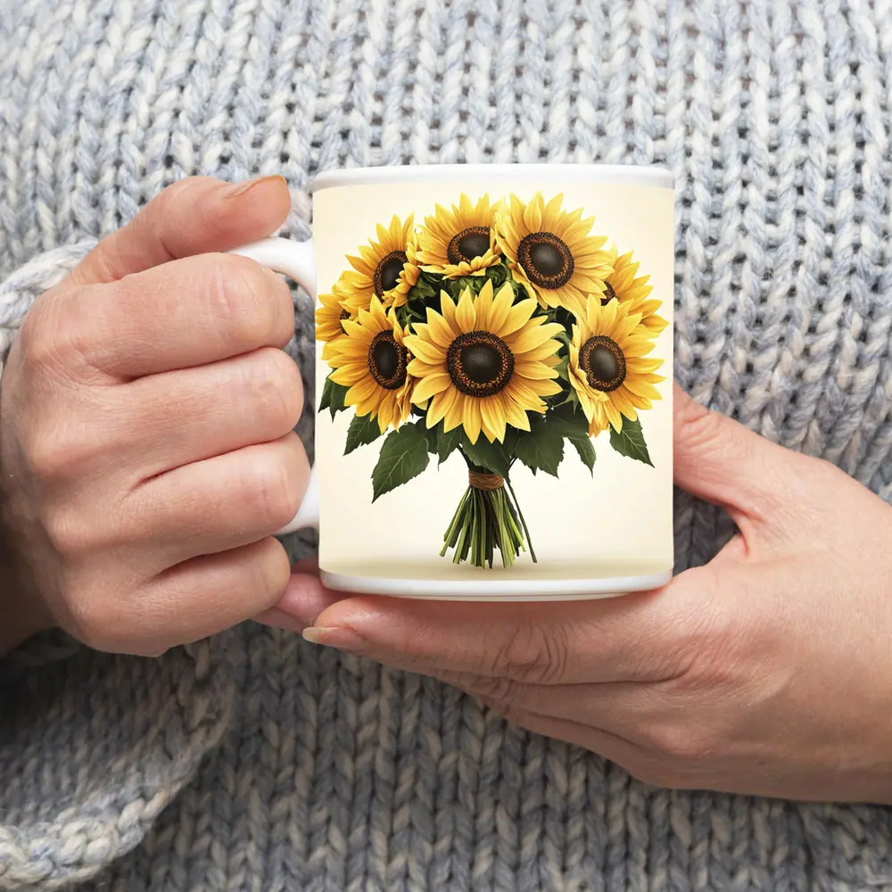 Sunflower Bouquet Tied With Twine Beige – Mugs