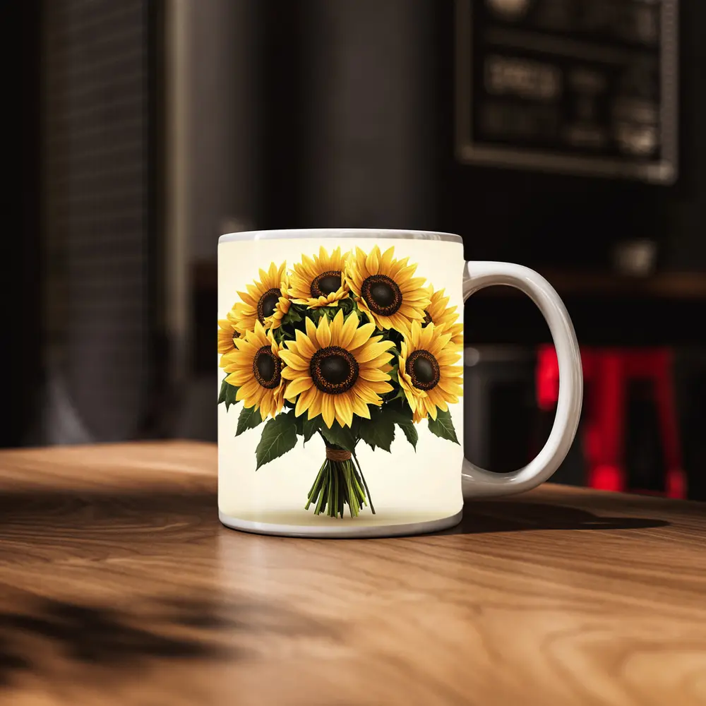 Sunflower Bouquet Tied With Twine Beige – Mugs