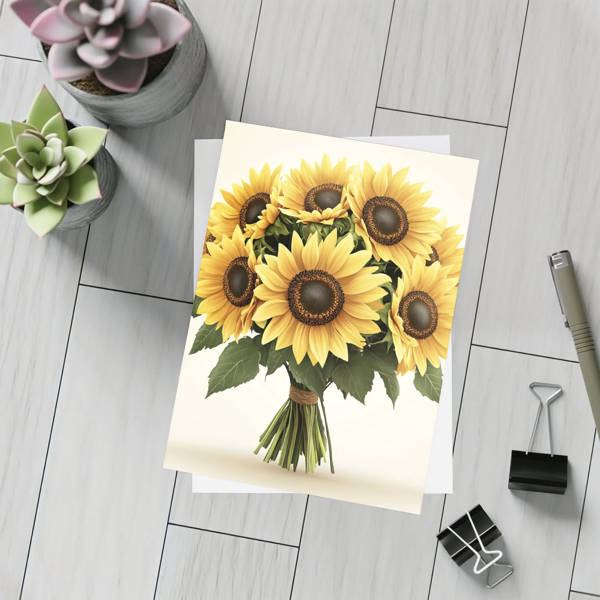 Sunflower Bouquet Tied With Twine Beige – Postcards