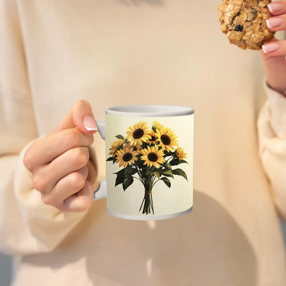 Sunflower Bouquet Tied With Twine Beige – Mugs