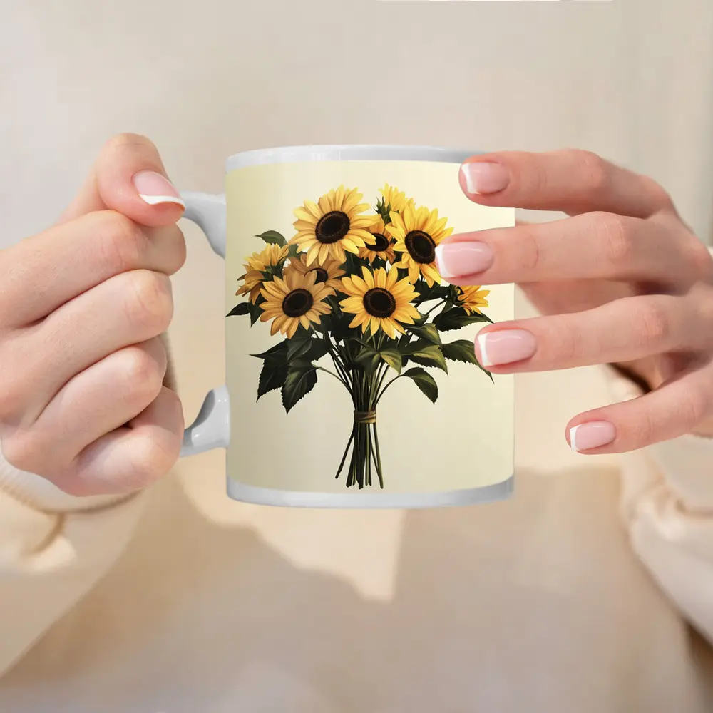 Sunflower Bouquet Tied With Twine Beige – Mugs
