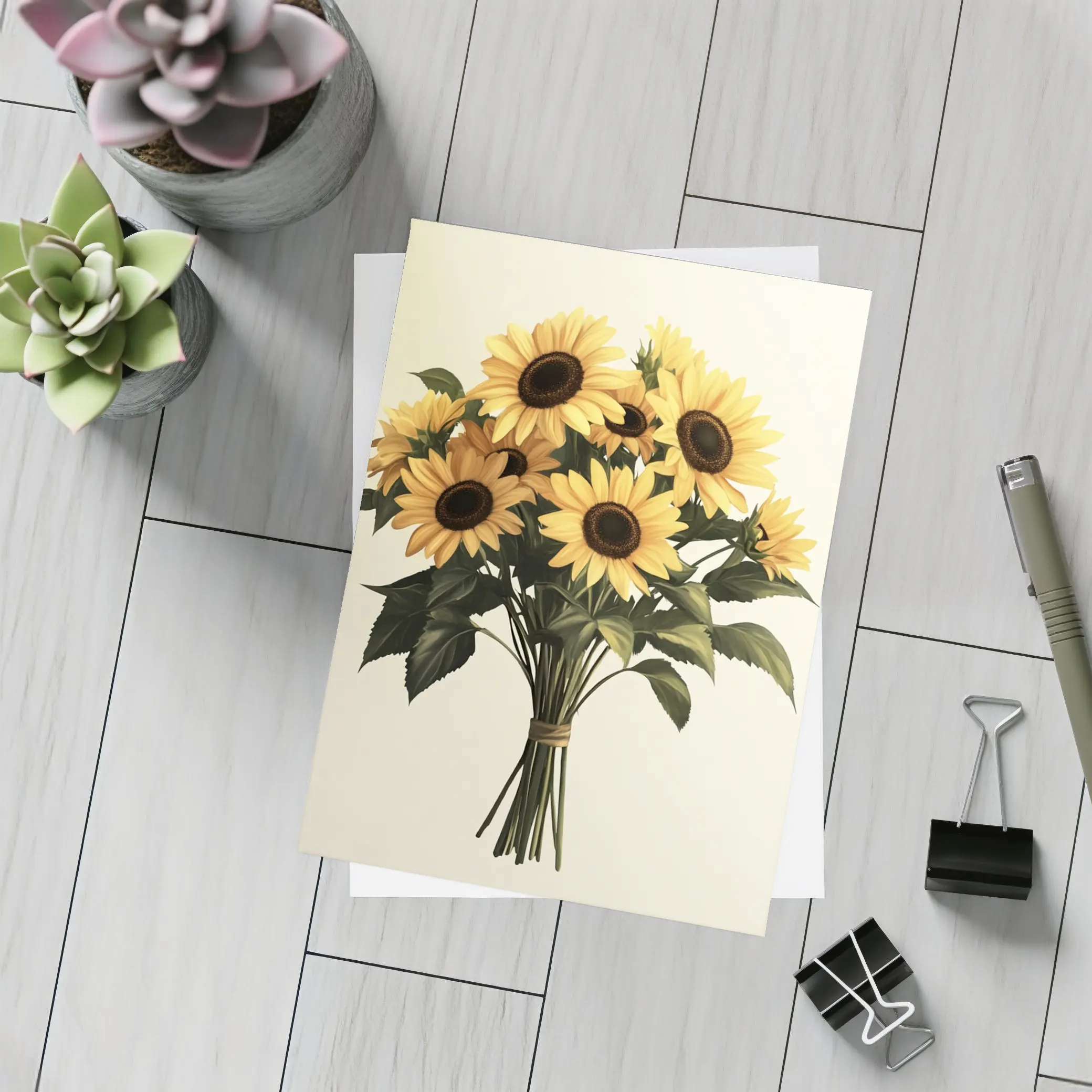 Sunflower Bouquet Tied With Twine Beige – Postcards