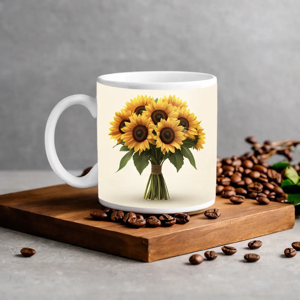 Sunflower Bouquet Tied With Twine Beige – Mugs