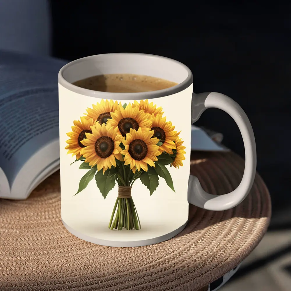 Sunflower Bouquet Tied With Twine Beige – Mugs
