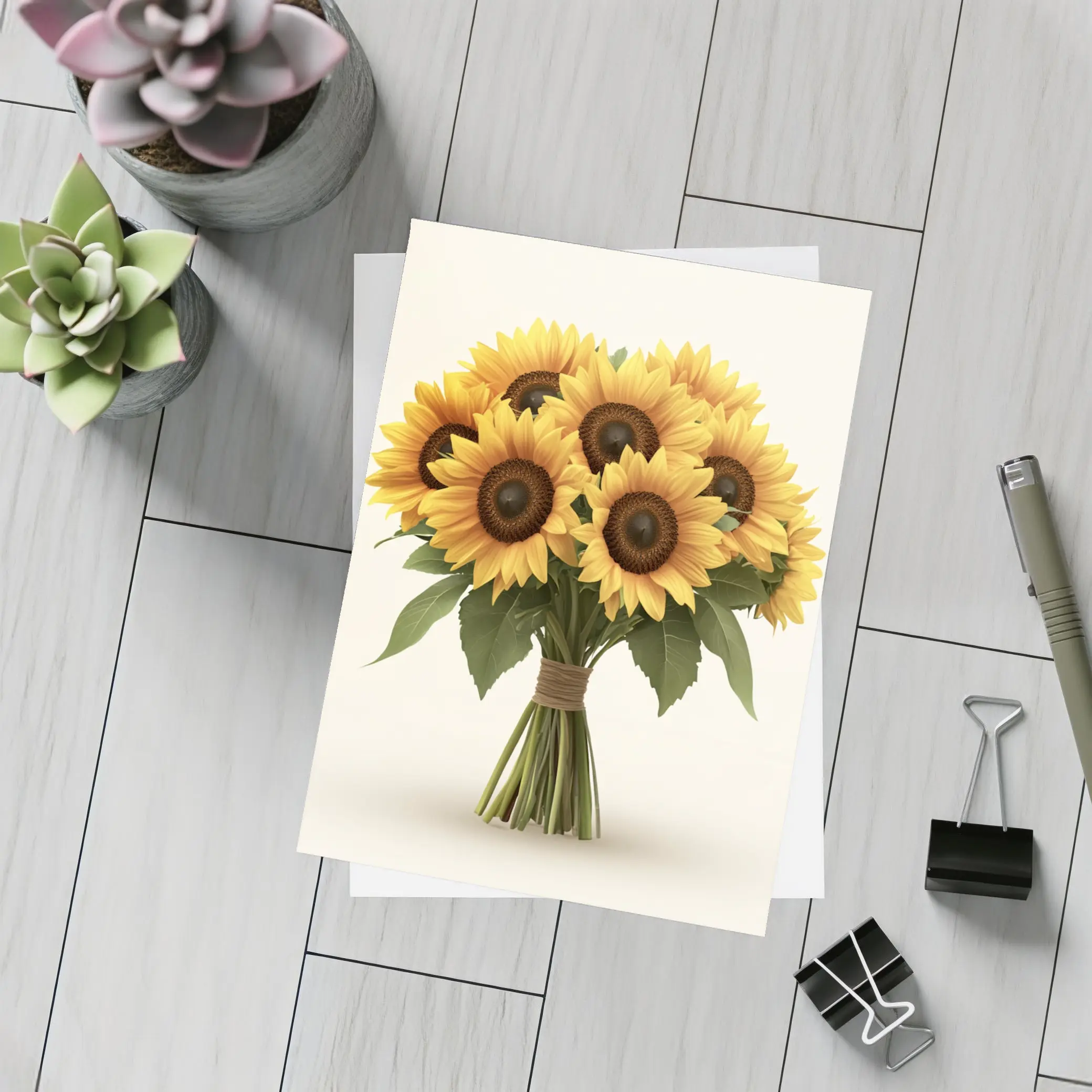 Sunflower Bouquet Tied With Twine Beige – Postcards