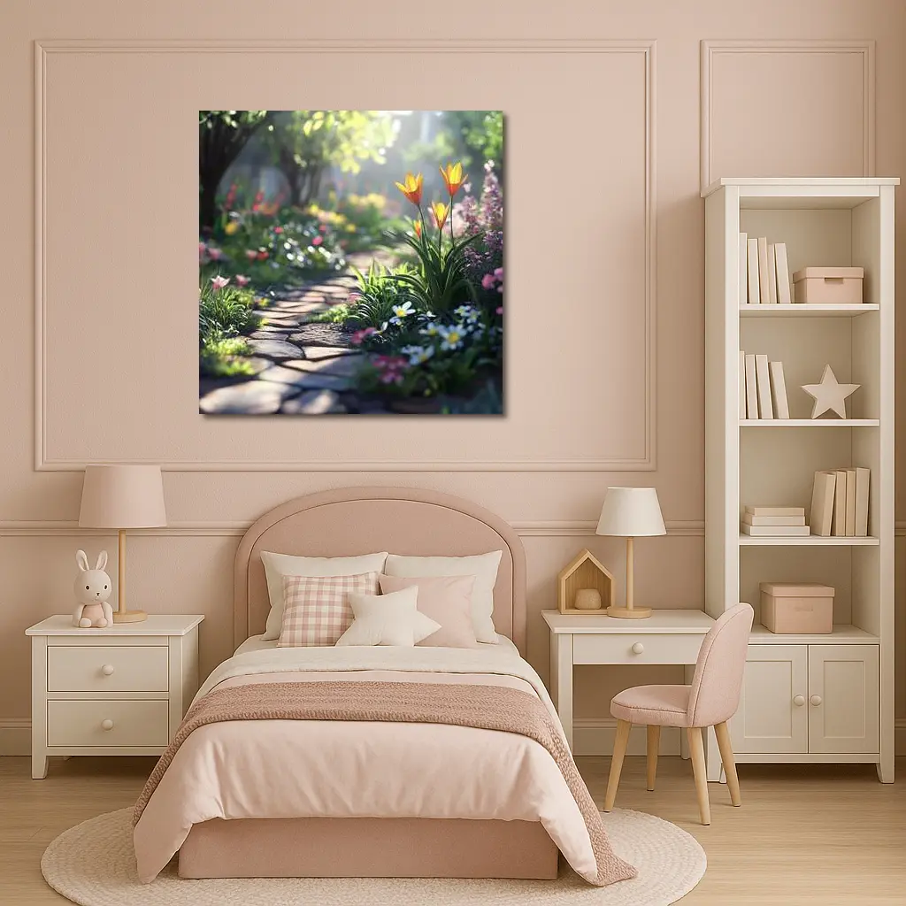 Sunny Garden Path Tulips Daisies Spring – Wall Art