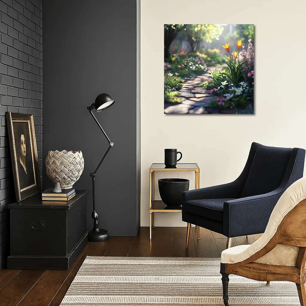 Sunny Garden Path Tulips Daisies Spring – Wall Art