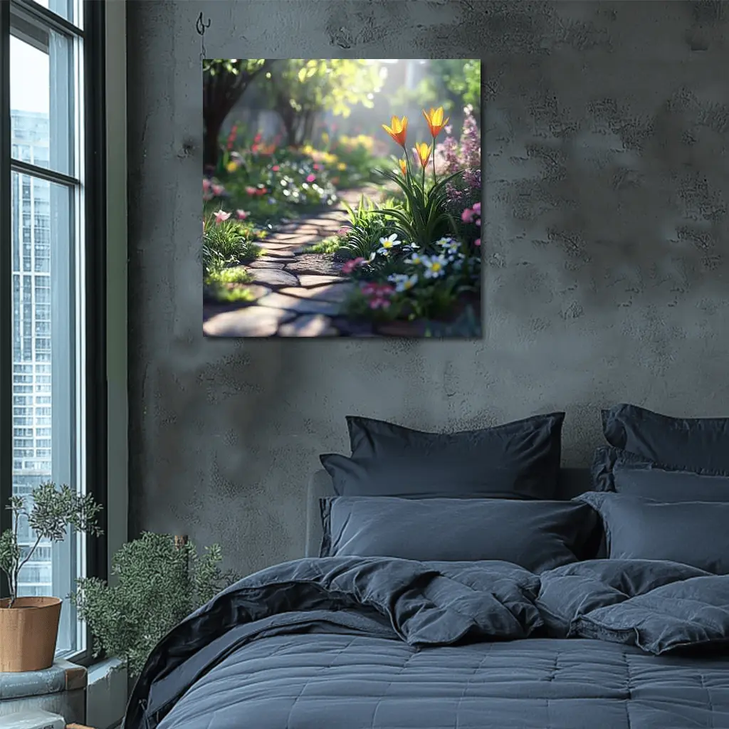 Sunny Garden Path Tulips Daisies Spring – Wall Art