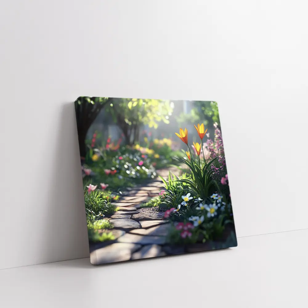 Sunny Garden Path Tulips Daisies Spring – Wall Art
