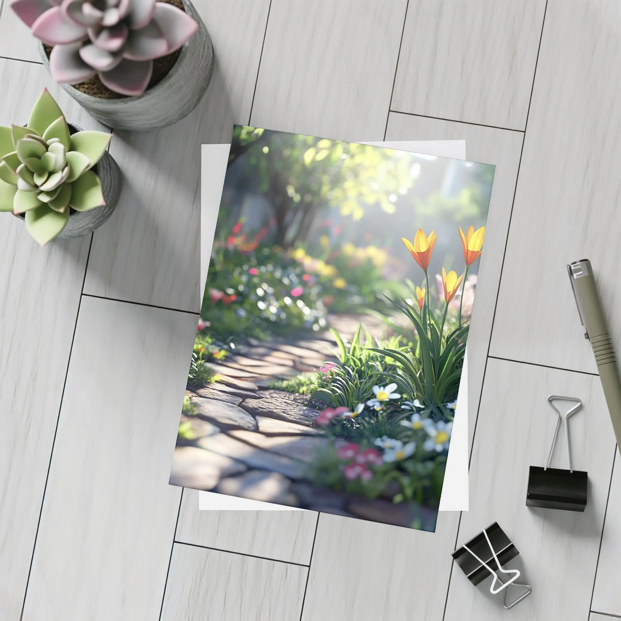 Sunny Garden Path Tulips Daisies Spring – Postcards