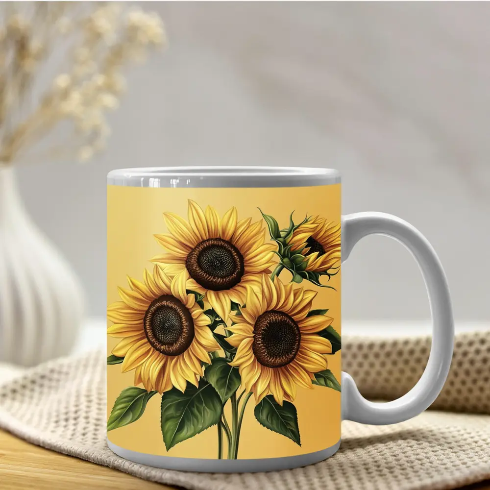Sunflower Bouquet Illustration Yellow Warm Background – Mugs