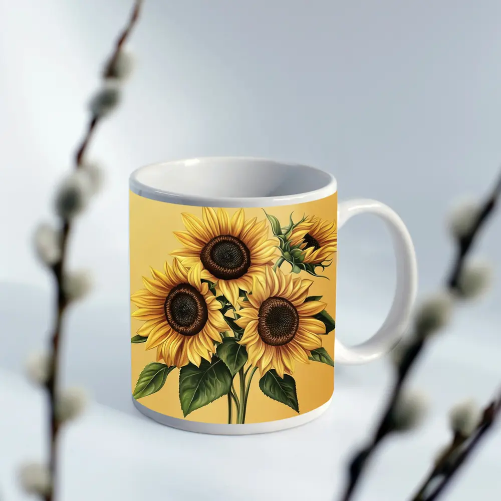 Sunflower Bouquet Illustration Yellow Warm Background – Mugs