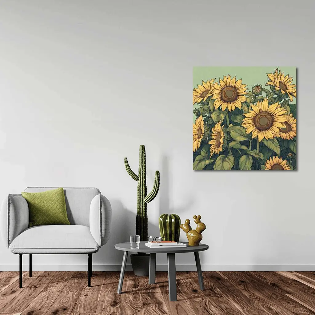 Sunflowers Illustration on Sage Green Background – Wall Art