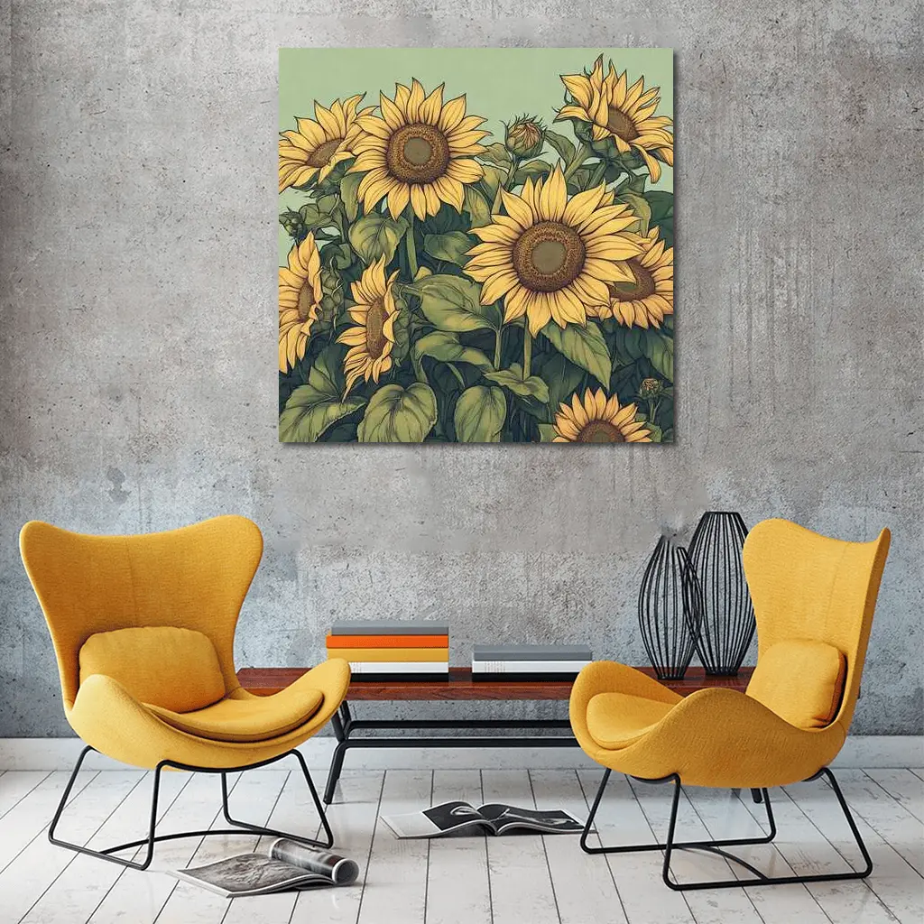 Sunflowers Illustration on Sage Green Background – Wall Art