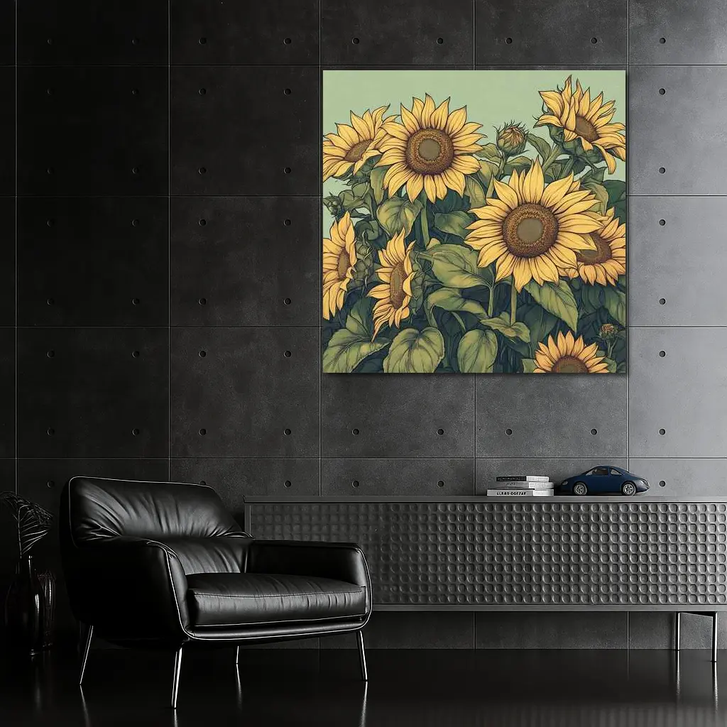 Sunflowers Illustration on Sage Green Background – Wall Art