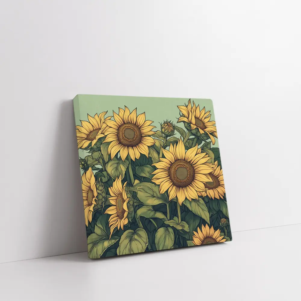 Sunflowers Illustration on Sage Green Background – Wall Art