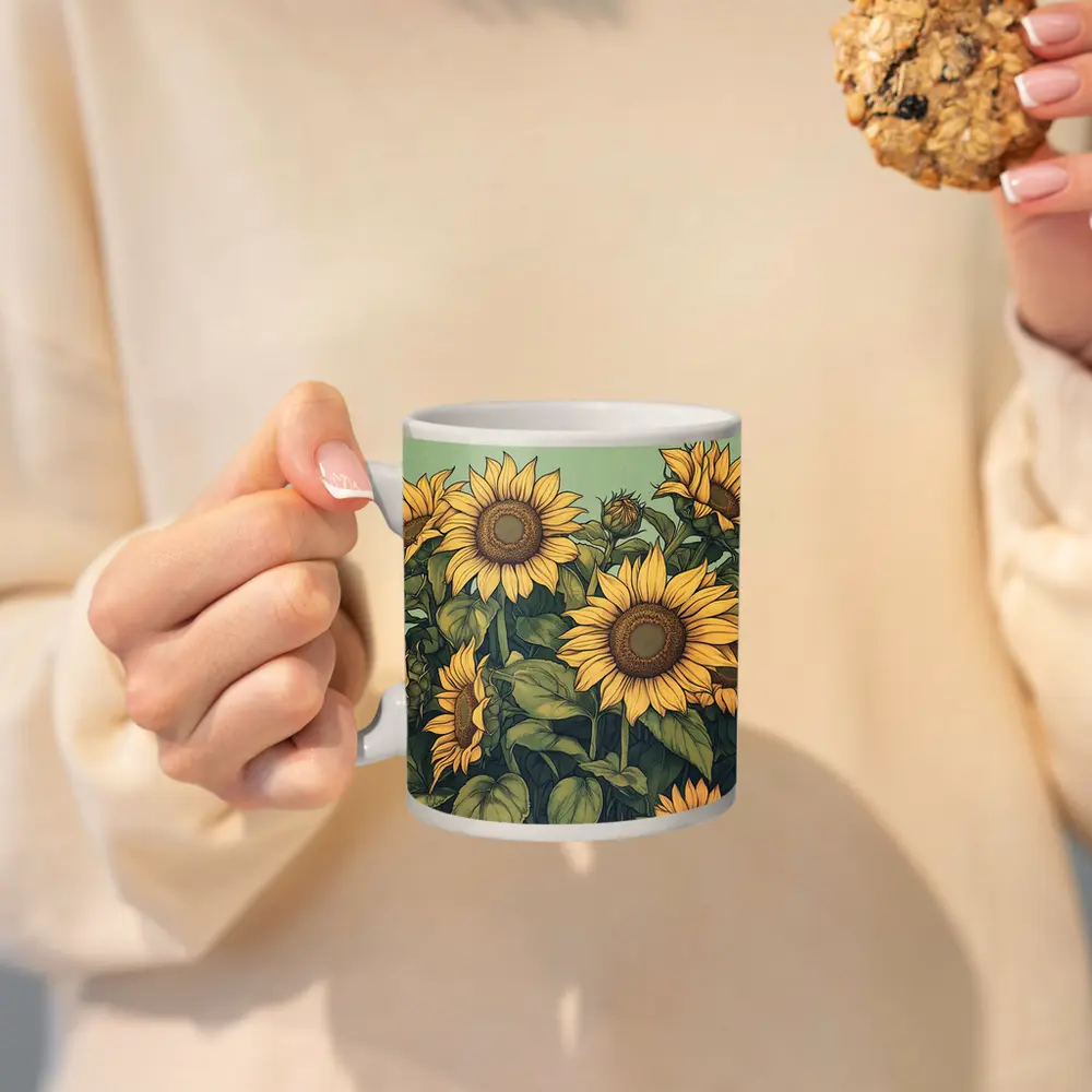 Sunflowers Illustration on Sage Green Background – Mugs