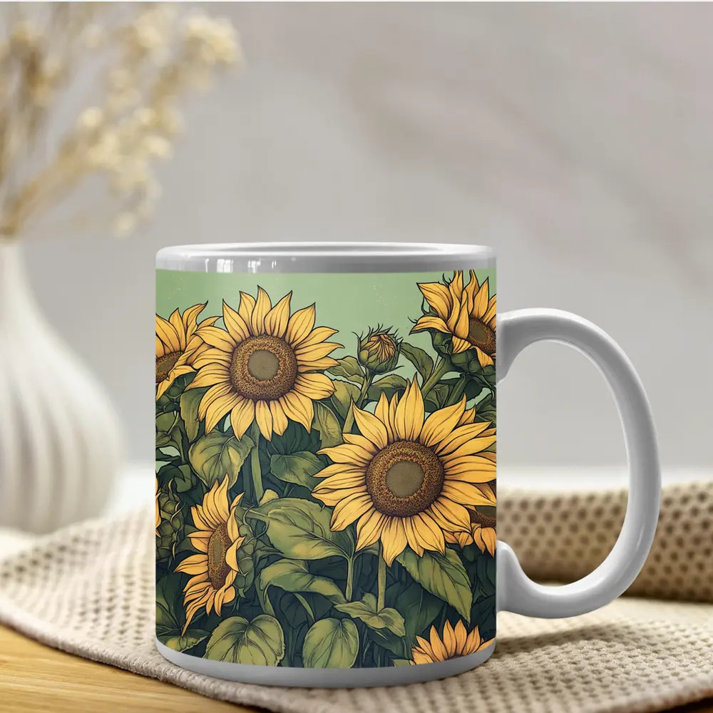 Sunflowers Illustration on Sage Green Background – Mugs