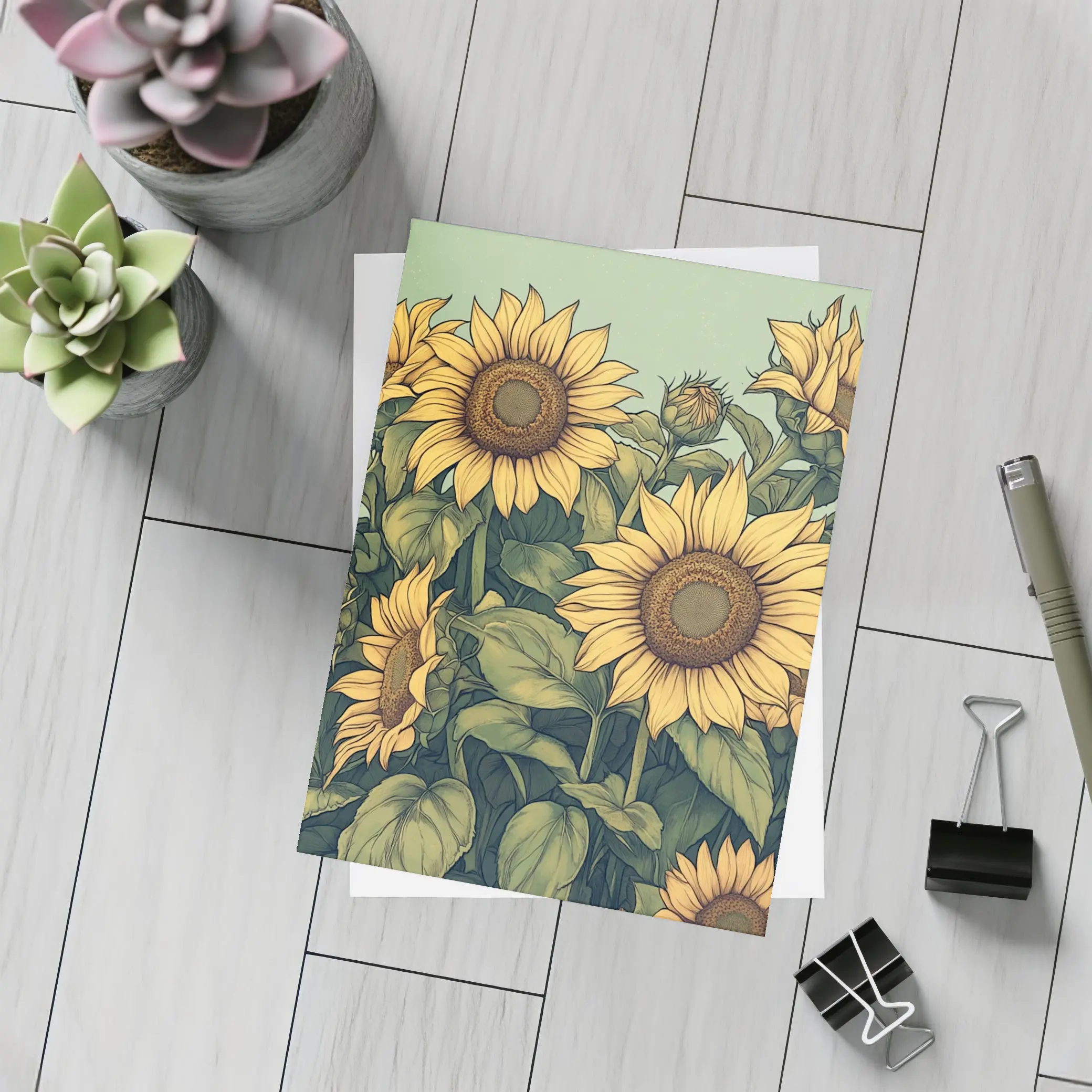 Sunflowers Illustration on Sage Green Background – Postcards