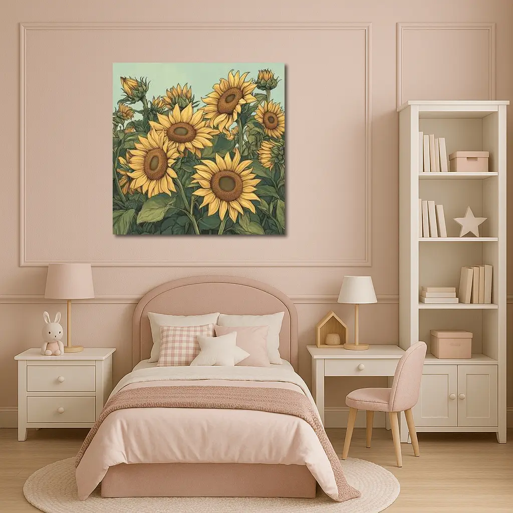 Sunflower Field Illustration Green Sky Background – Wall Art