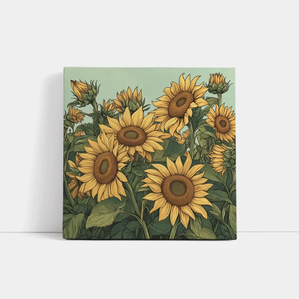 Sunflower Field Illustration Green Sky Background – Wall Art