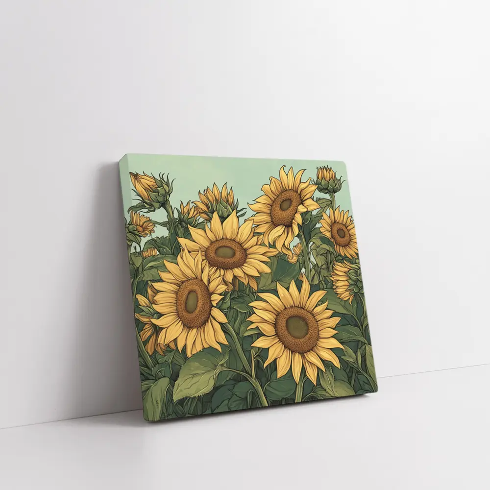 Sunflower Field Illustration Green Sky Background – Wall Art