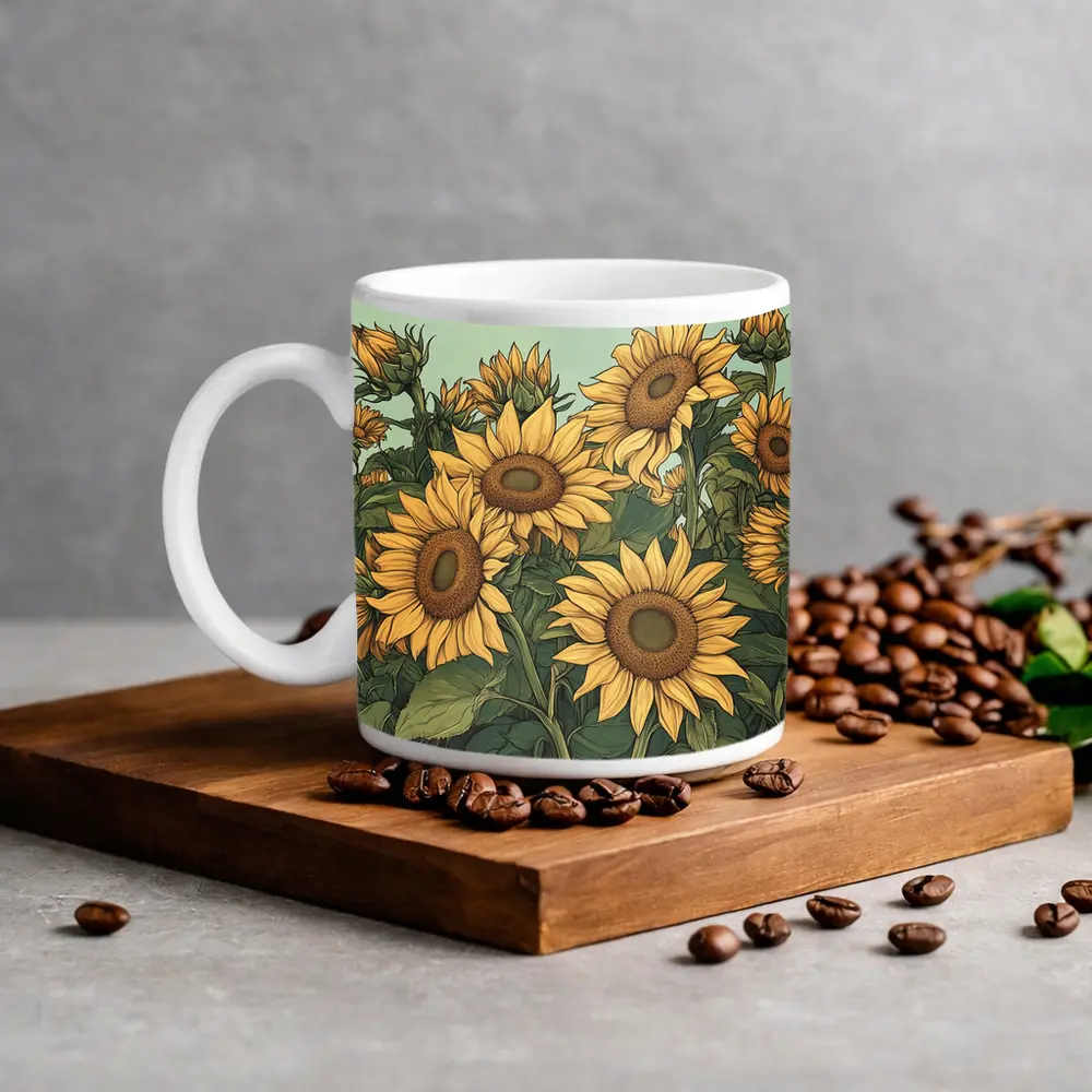 Sunflower Field Illustration Green Sky Background – Mugs