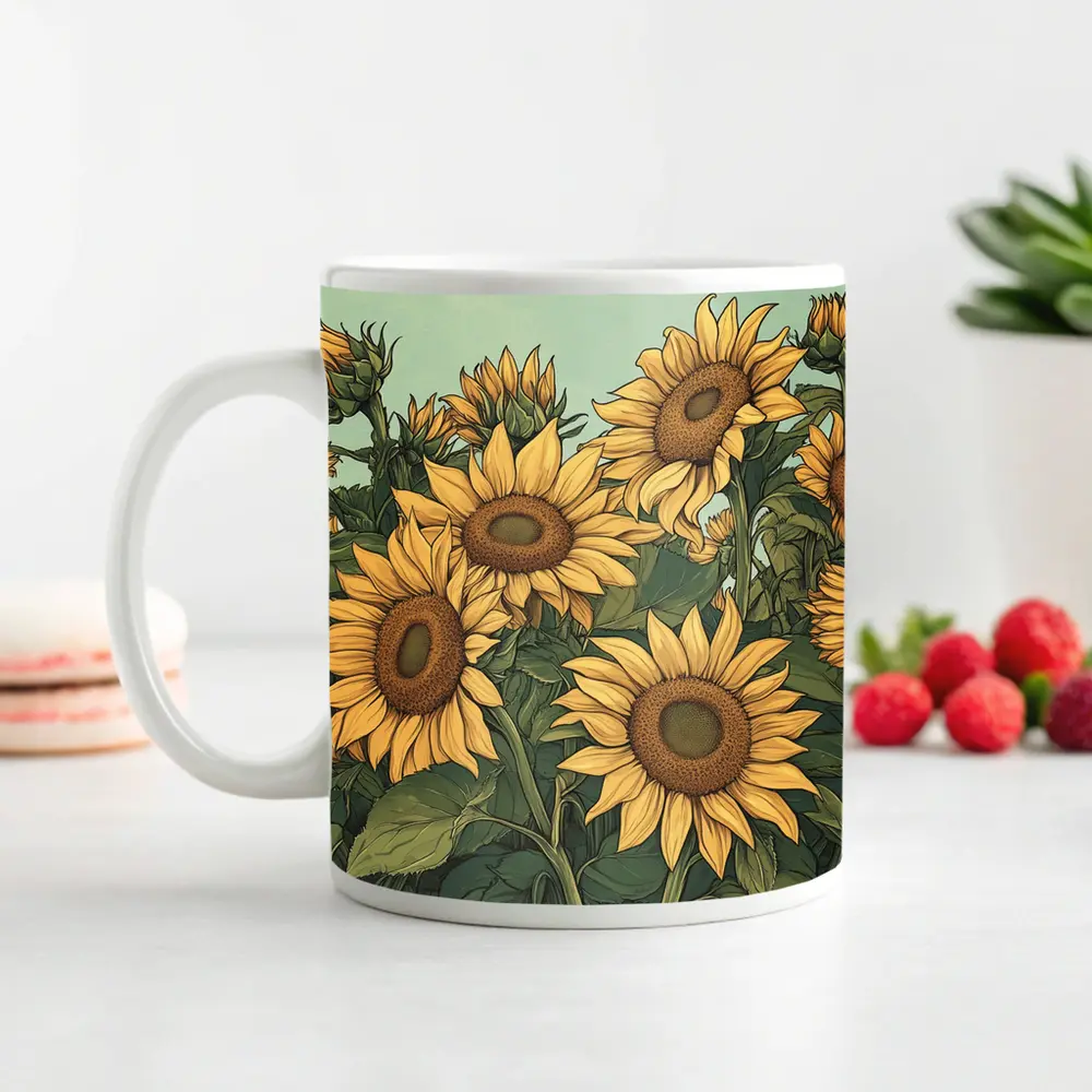 Sunflower Field Illustration Green Sky Background – Mugs