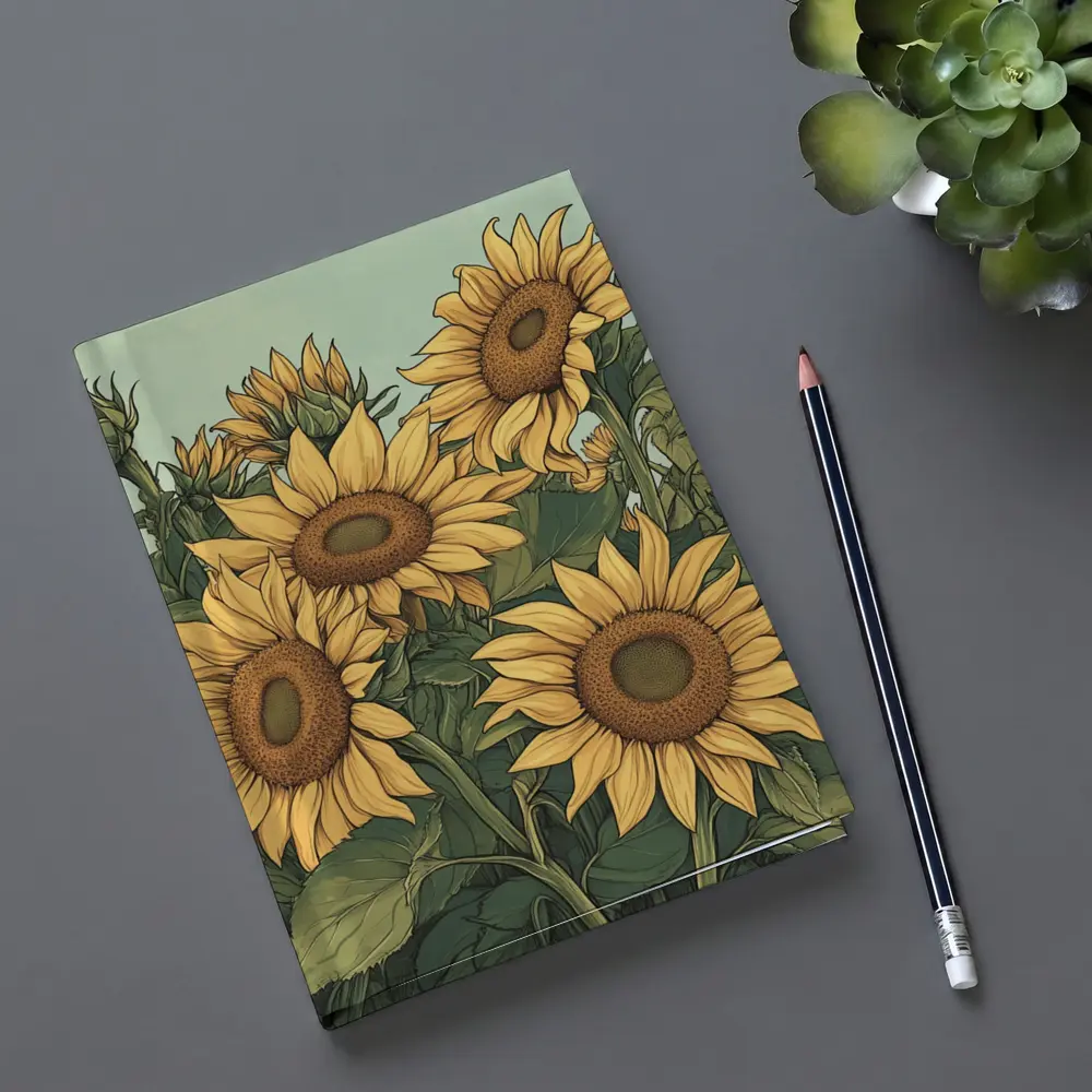 Sunflower Field Illustration Green Sky Background – Notebooks