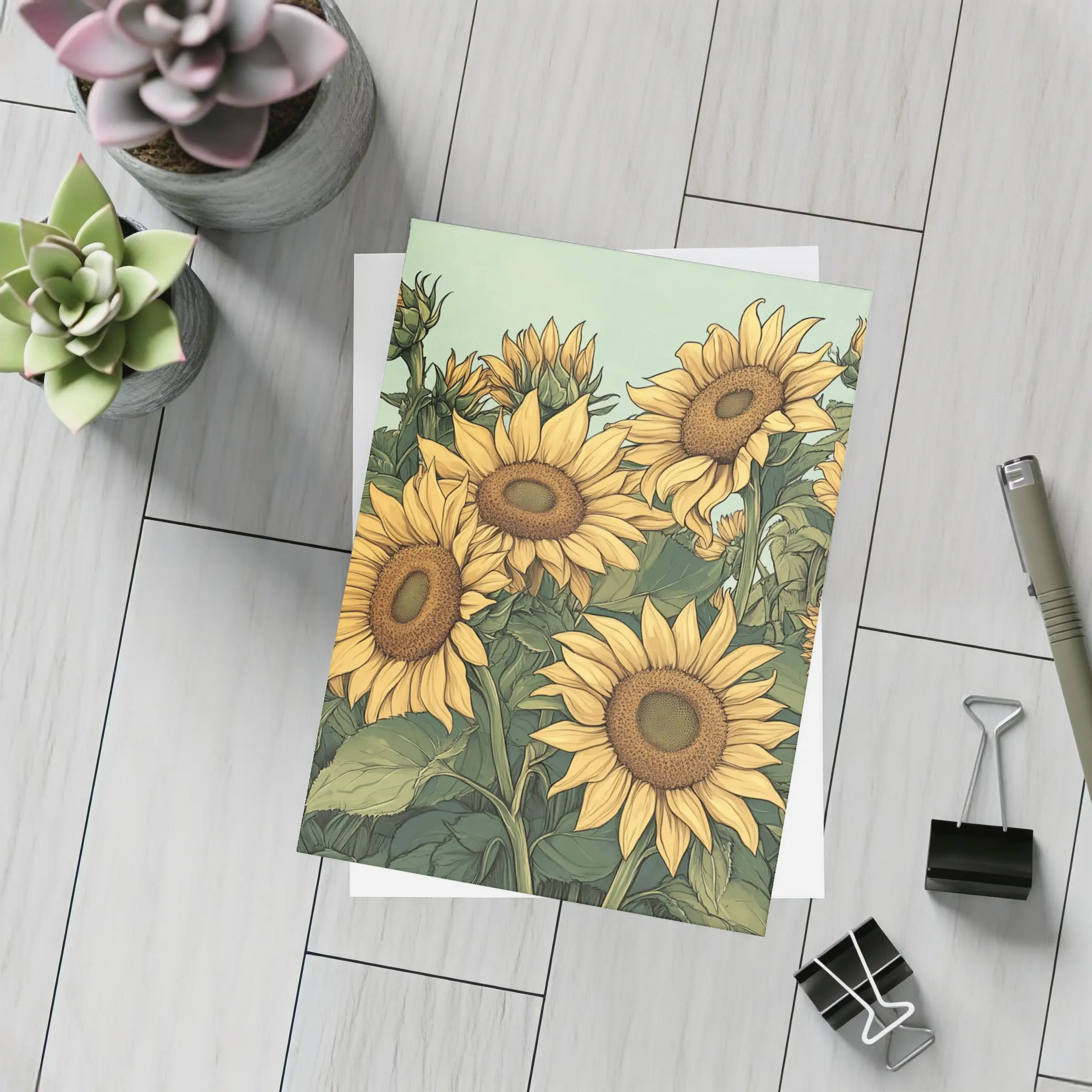 Sunflower Field Illustration Green Sky Background – Postcards