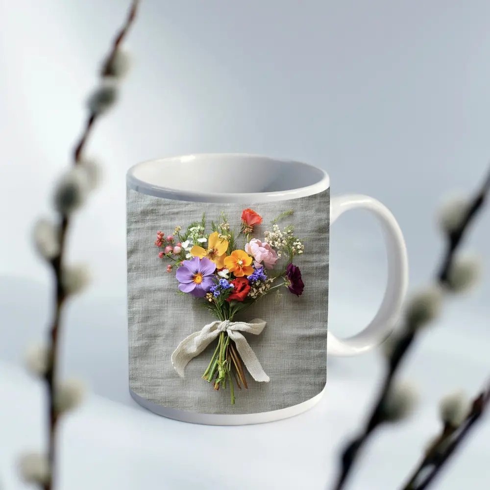 Colorful Wildflower Bouquet With Burlap Ribbon – Mugs