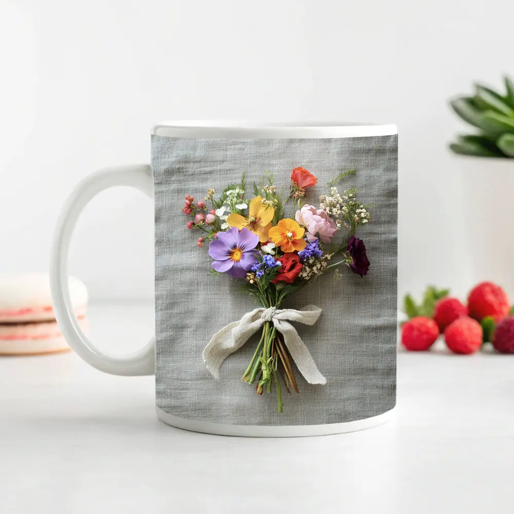 Colorful Wildflower Bouquet With Burlap Ribbon – Mugs