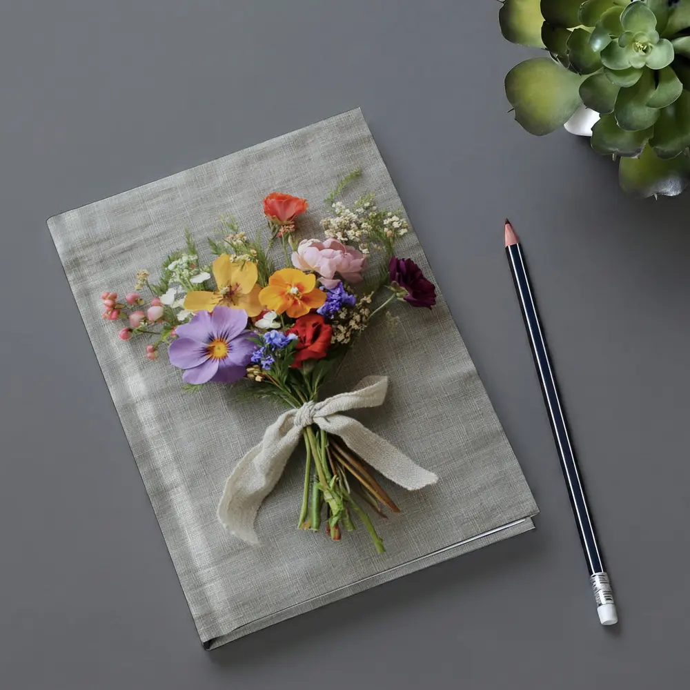 Colorful Wildflower Bouquet With Burlap Ribbon – Notebooks