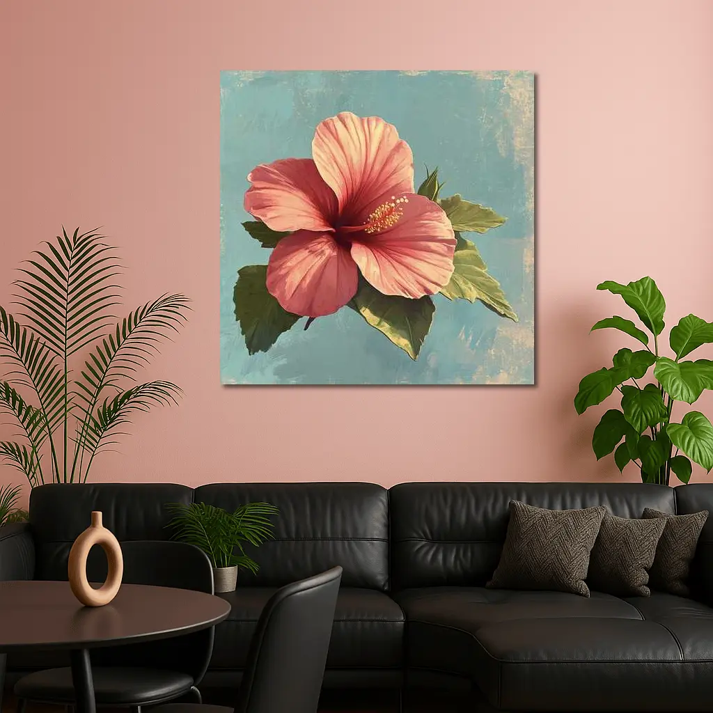 Pink Hibiscus Flower Vintage Teal Background – Wall Art