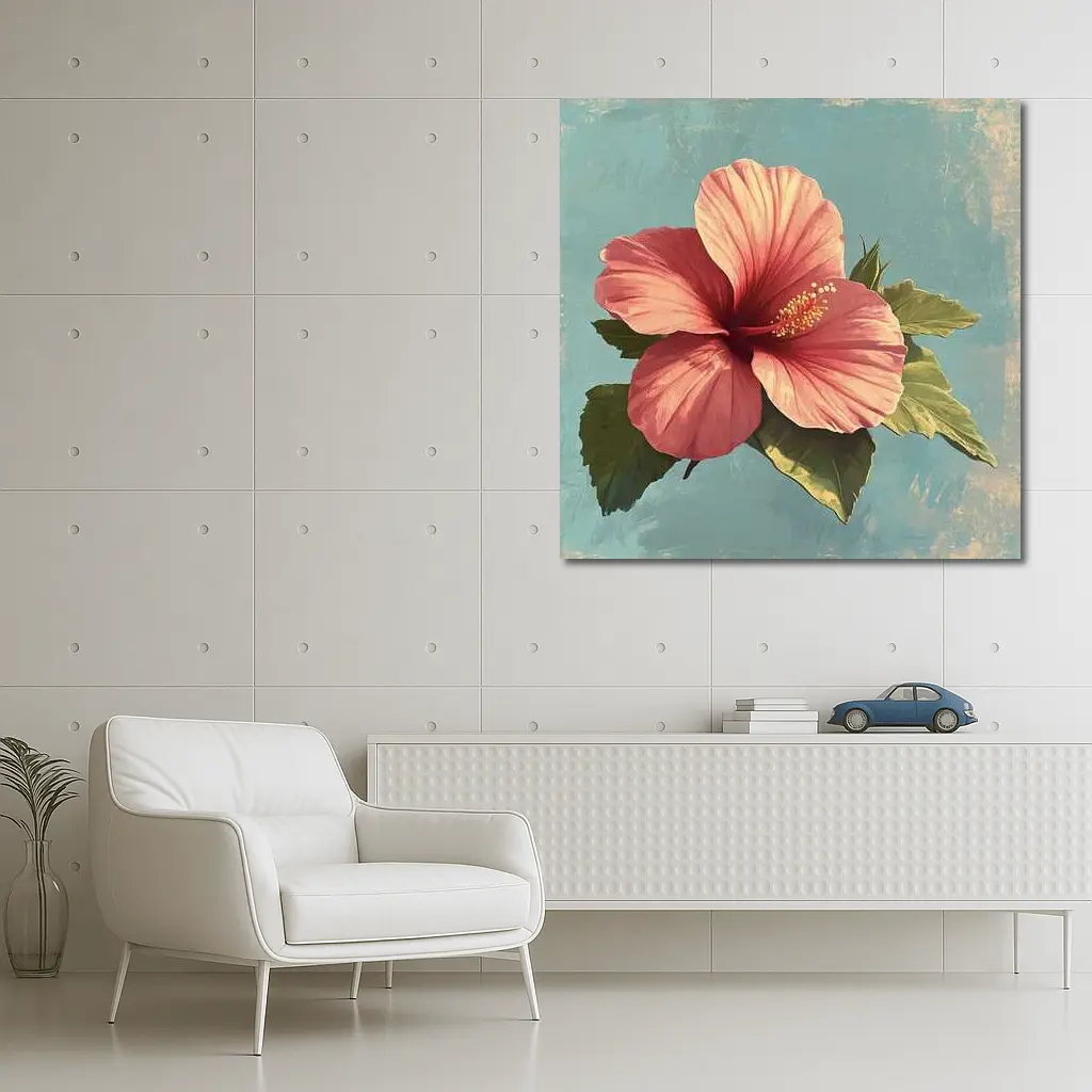 Pink Hibiscus Flower Vintage Teal Background – Wall Art