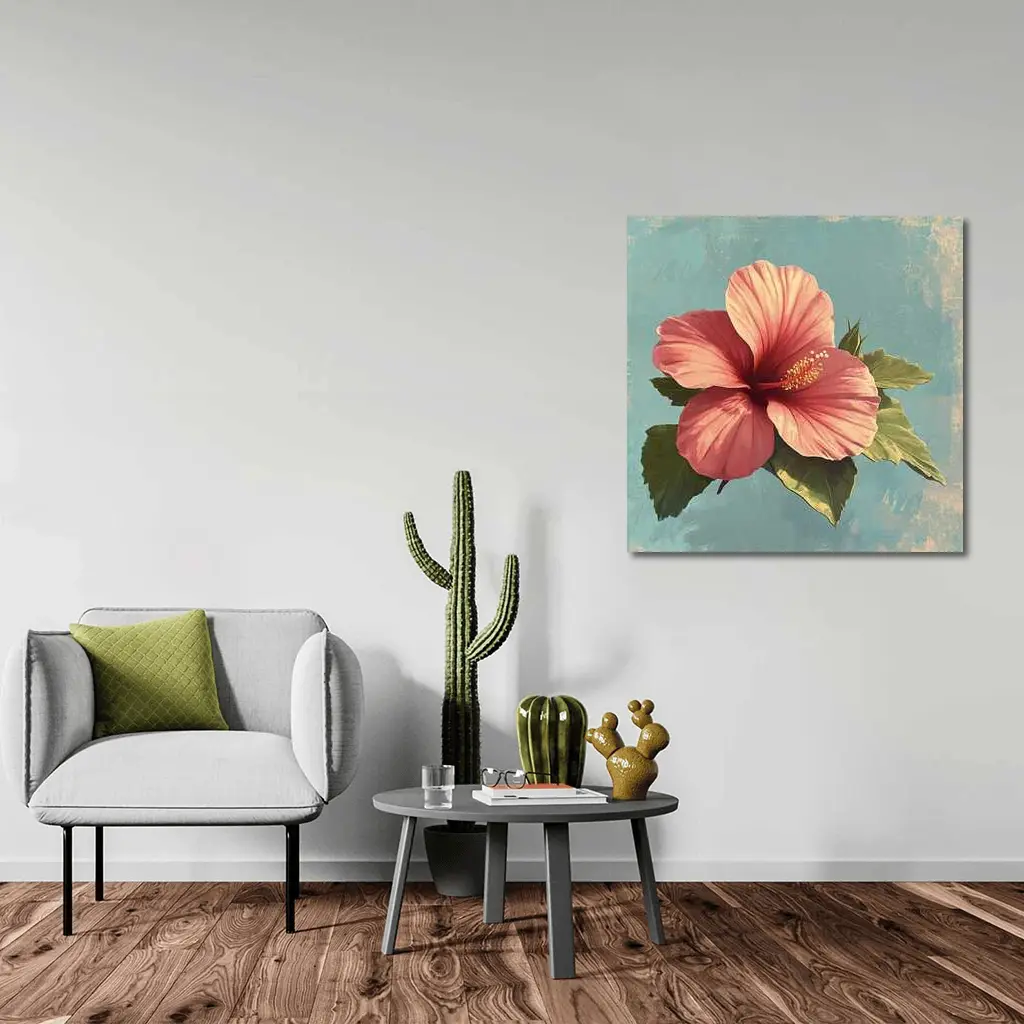 Pink Hibiscus Flower Vintage Teal Background – Wall Art