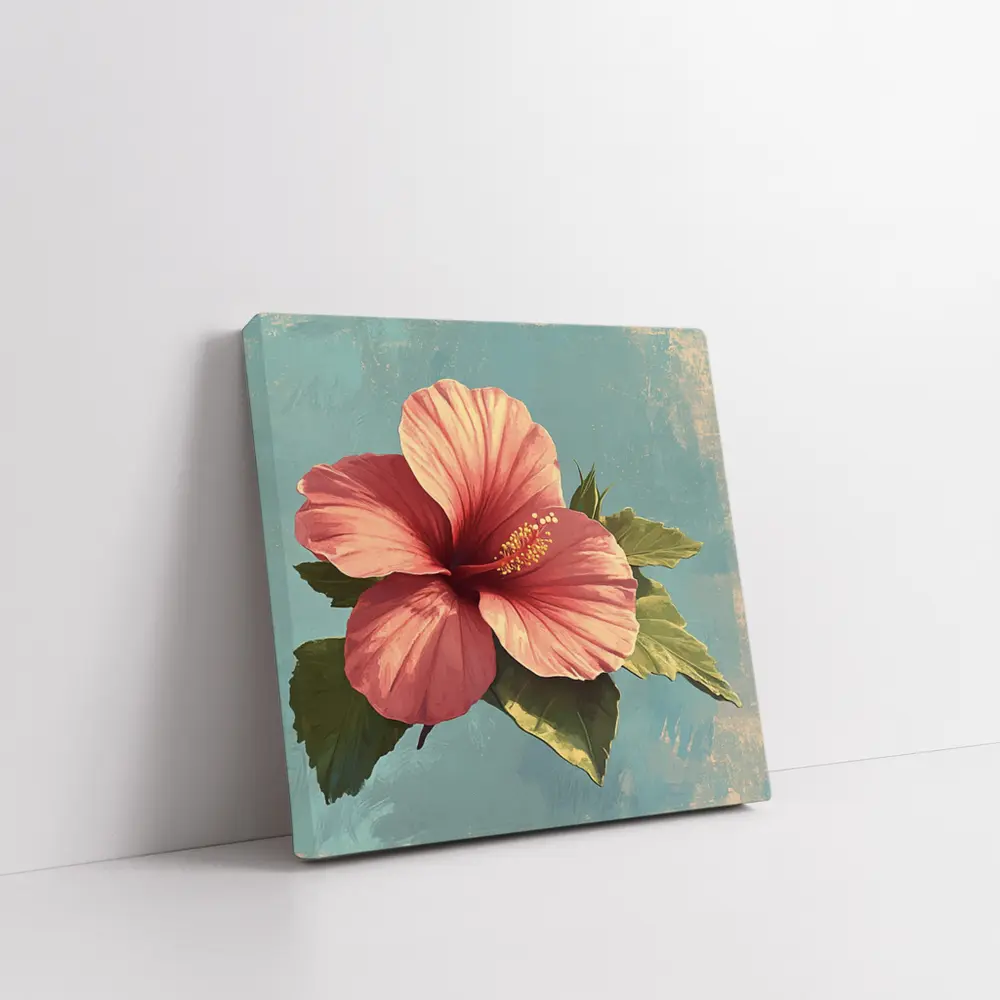 Pink Hibiscus Flower Vintage Teal Background – Wall Art