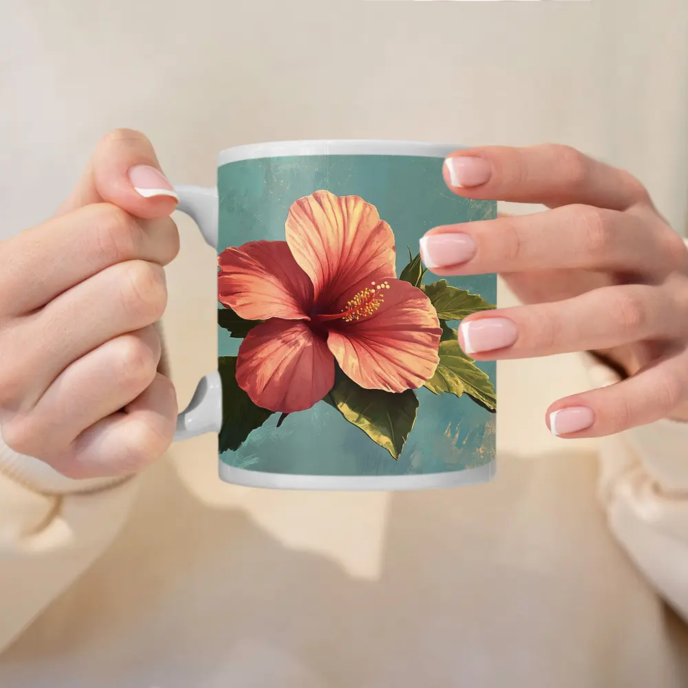 Pink Hibiscus Flower Vintage Teal Background – Mugs