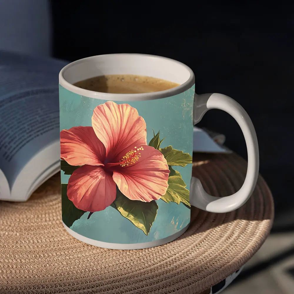 Pink Hibiscus Flower Vintage Teal Background – Mugs