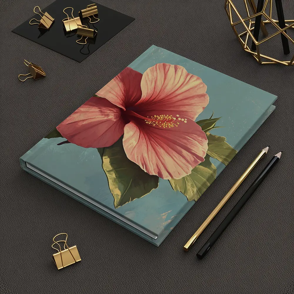 Pink Hibiscus Flower Vintage Teal Background – Notebooks