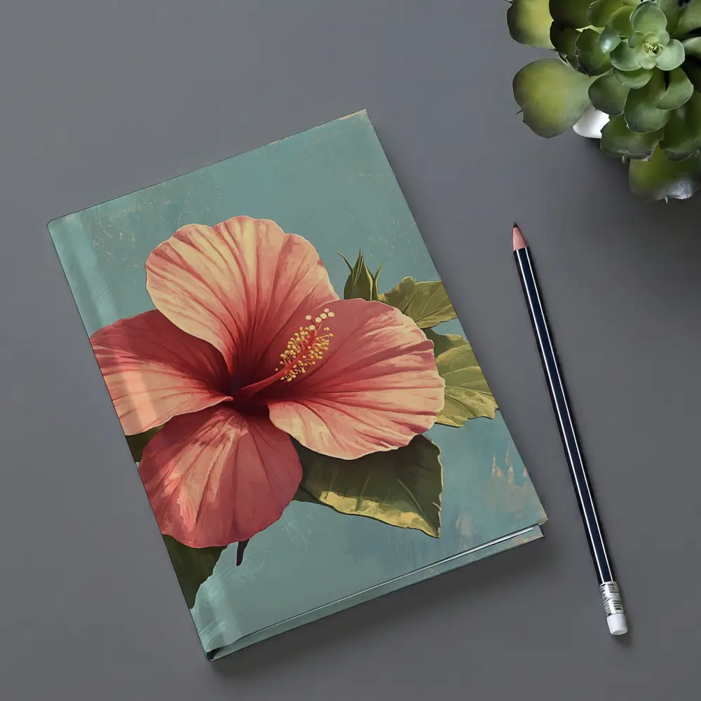 Pink Hibiscus Flower Vintage Teal Background – Notebooks